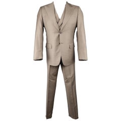 Prada Men's Taupe Solid Wool and Silk 3 Piece Double Breasted Vest Suit