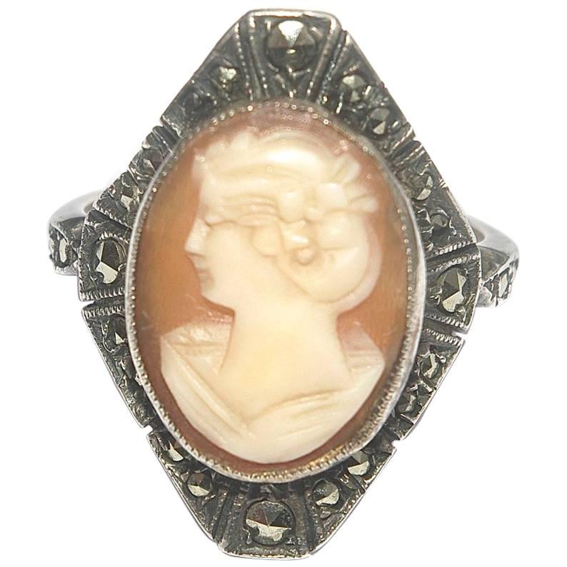 Silver and Gold Vintage Carved Cameo and Marcasite Ring