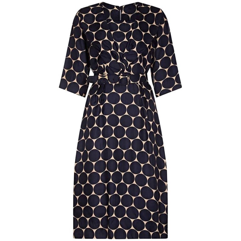 Leslie Fay 1950s Silk Navy and Cream Circle Print Dress With Belt For ...