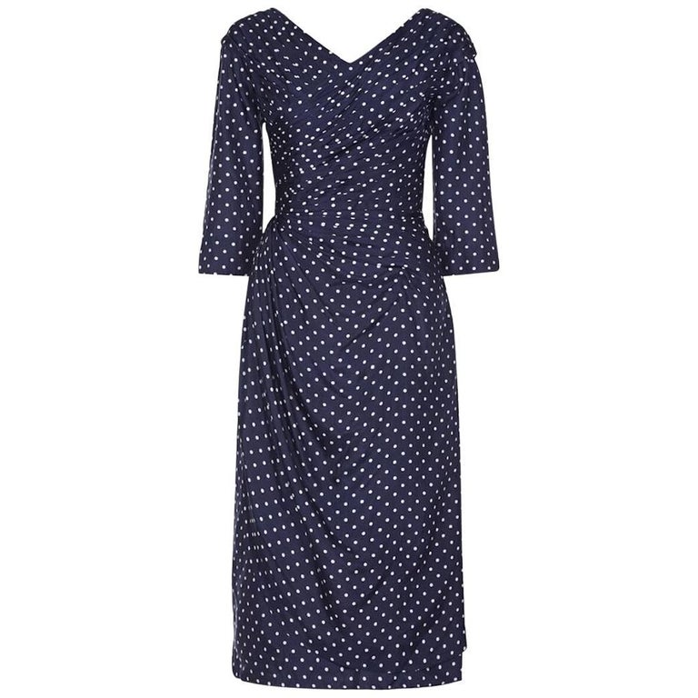 Henri 1950s Silk Navy Polkadot Dress With Pleating Detail For Sale at ...