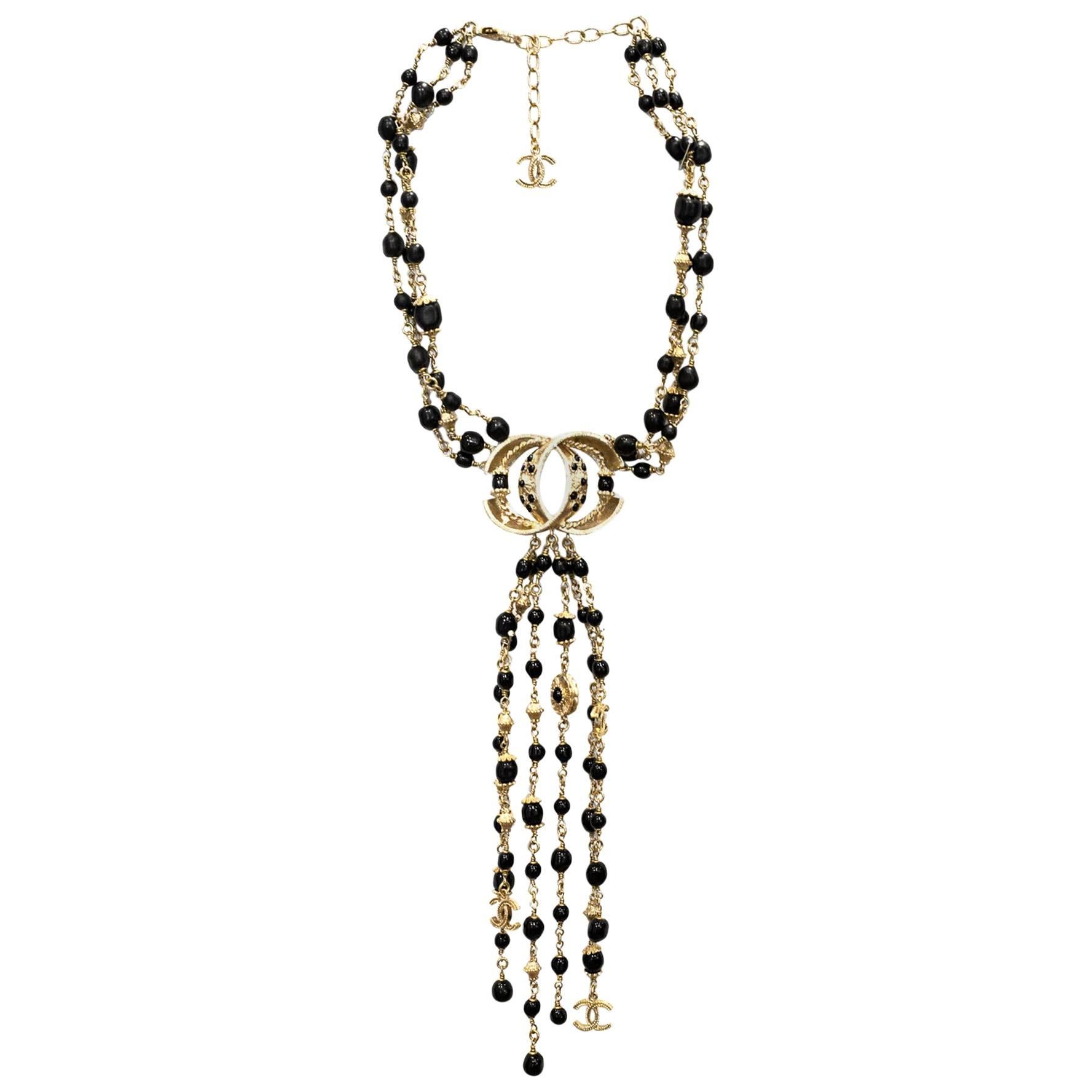 Chanel 2016 Goldtone & Black Beaded Multi-Strand CC Necklace with Box