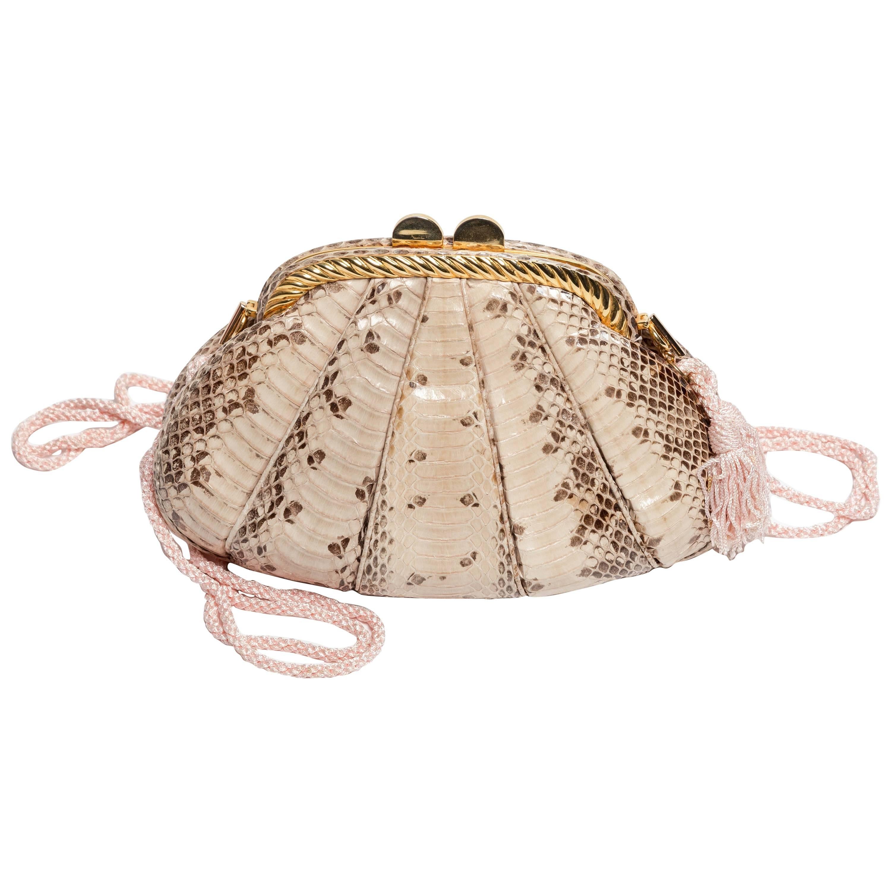 Judith Leiber Tan Python Clutch with Silk Rope Shoulder Strap For Sale