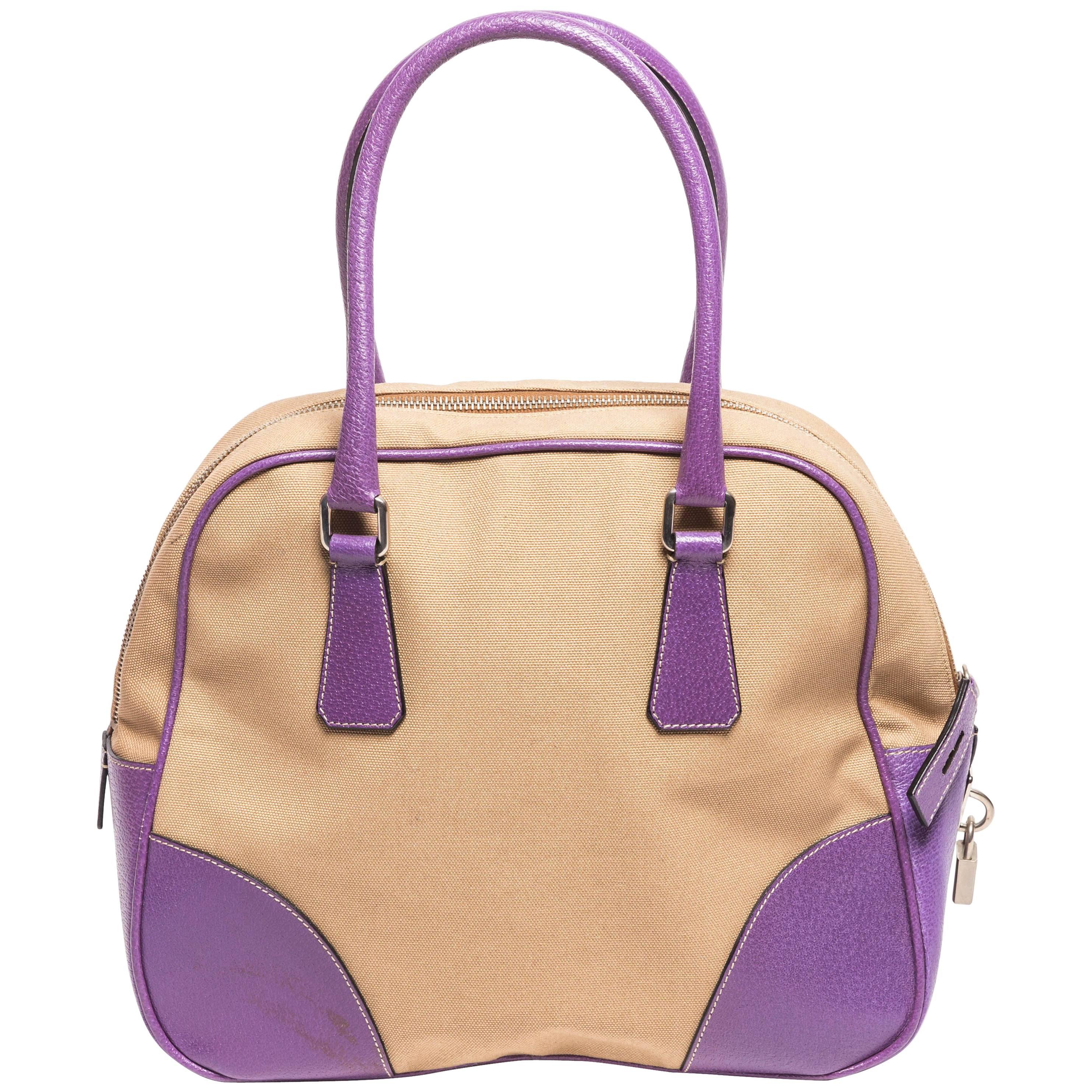 Prada Canvas and Purple Leather Top Handle Bag with Lock,  Keys and Luggage Tag For Sale