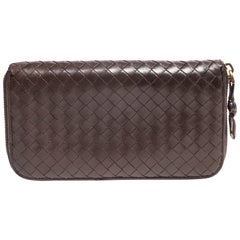Bottega Veneta Intrecciato Brown Leather Zip Wallet