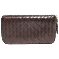 Used Bottega Veneta Intrecciato Brown Leather Zip Wallet 