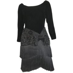 Oscar de la Renta for Saks Black Velvet Beaded and Fringed Cocktail Dress Size 6