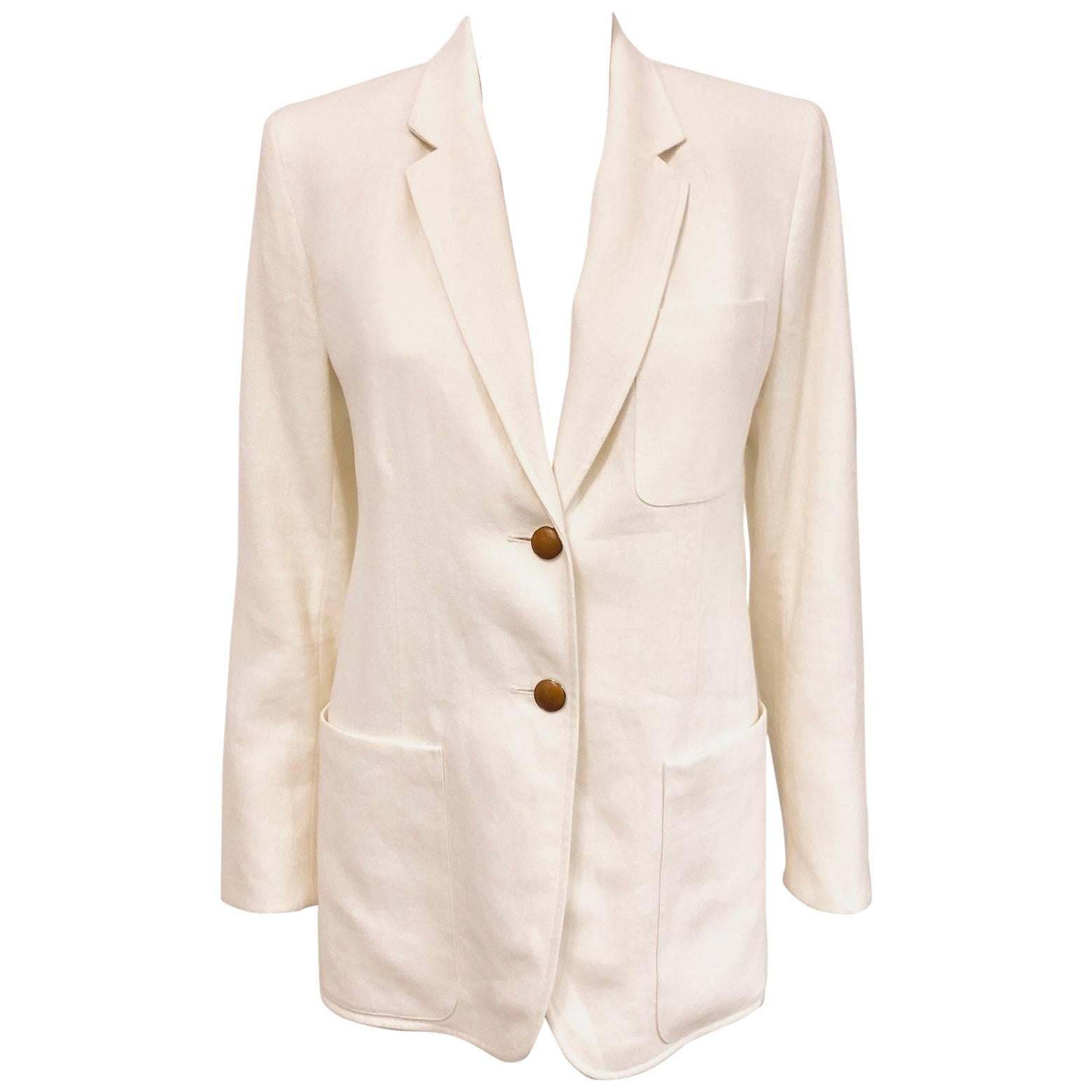 Hermes Ivory Linen Single Breasted Two Button Jacket 42 EU For Sale