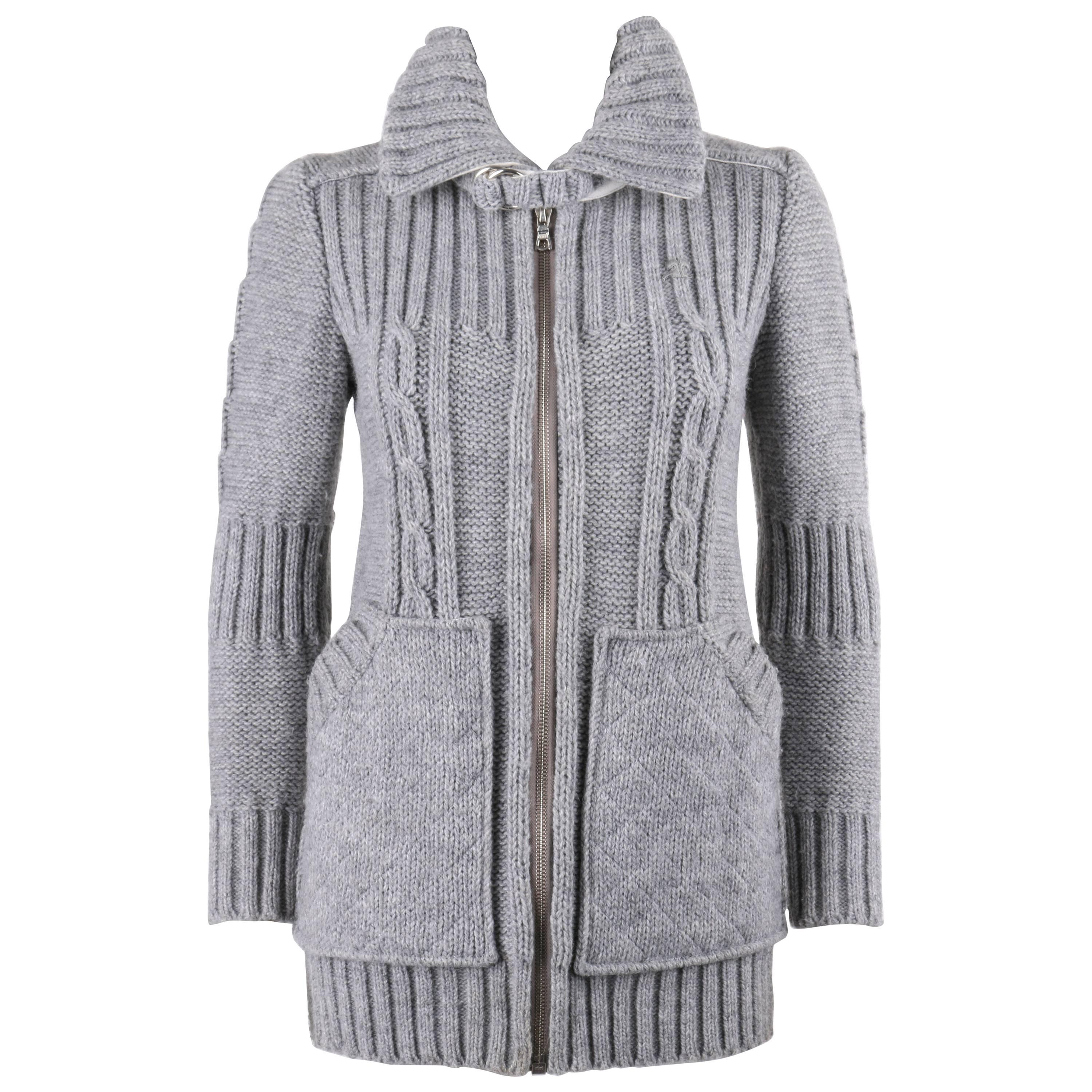 COURREGES c.1970's Gray Chunky Cable Knit Wool Zip Up Sweater Jacket