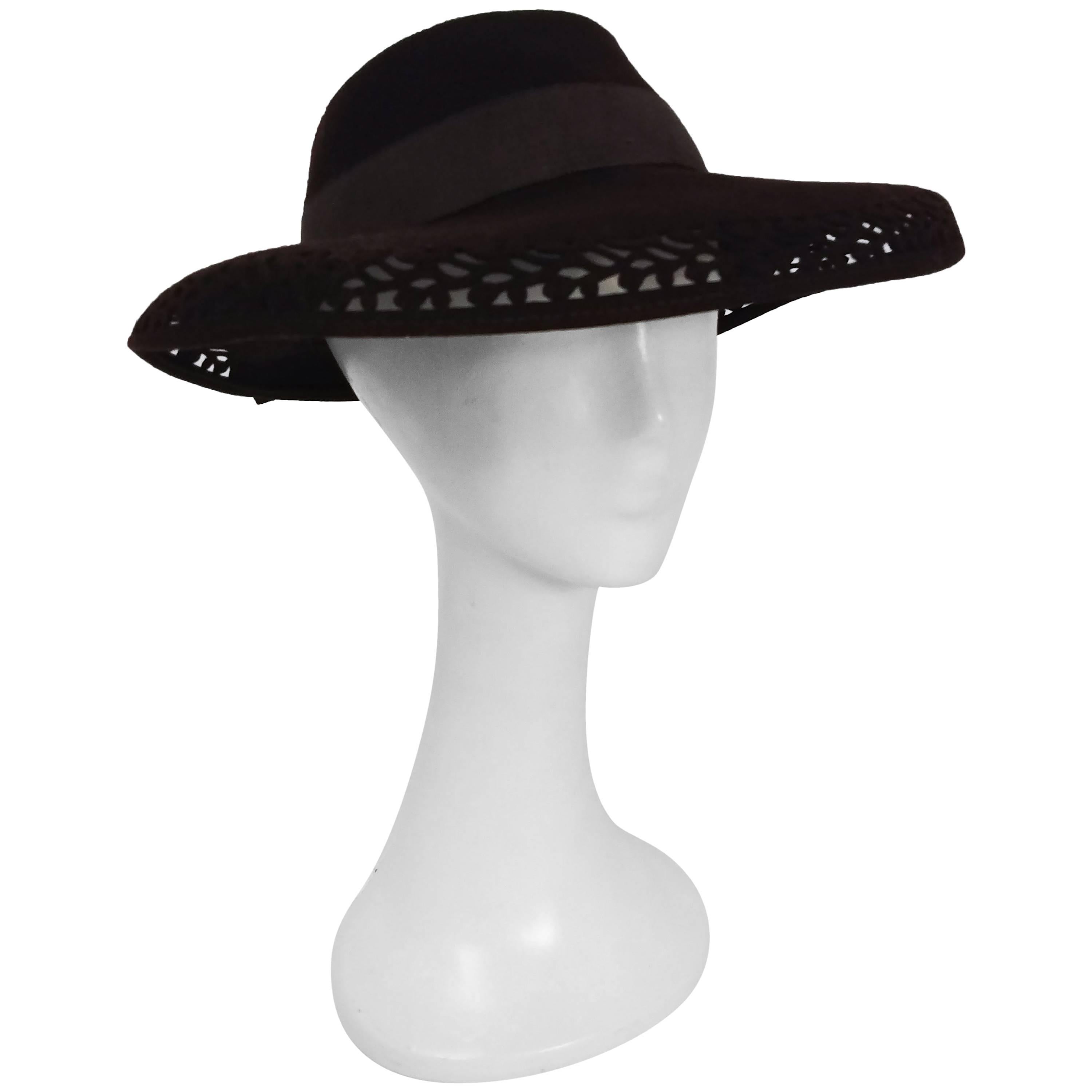 1940s Brown Felt Wide Brimmed Hat w/ Cutouts For Sale