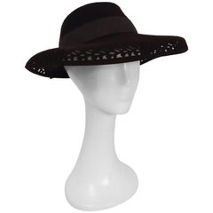 1940s Brown Felt Wide Brimmed Hat w/ Cutouts