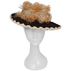 1940s Brown Felt Hat w/ Ombre Curled Feather