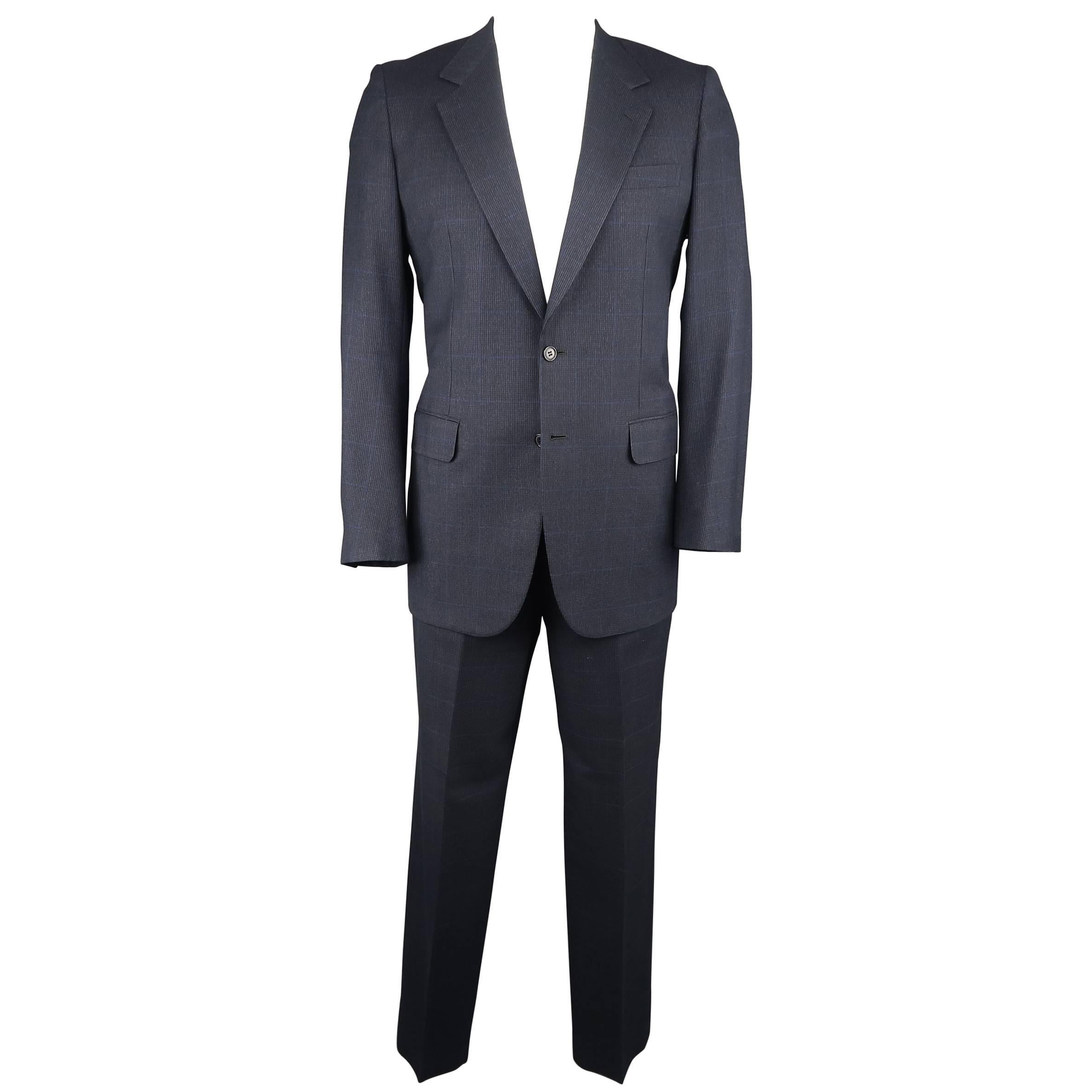 Men's BRIONI 40 Regular Navy Glenplaid Wool Notch Lapel 35x33 Suit