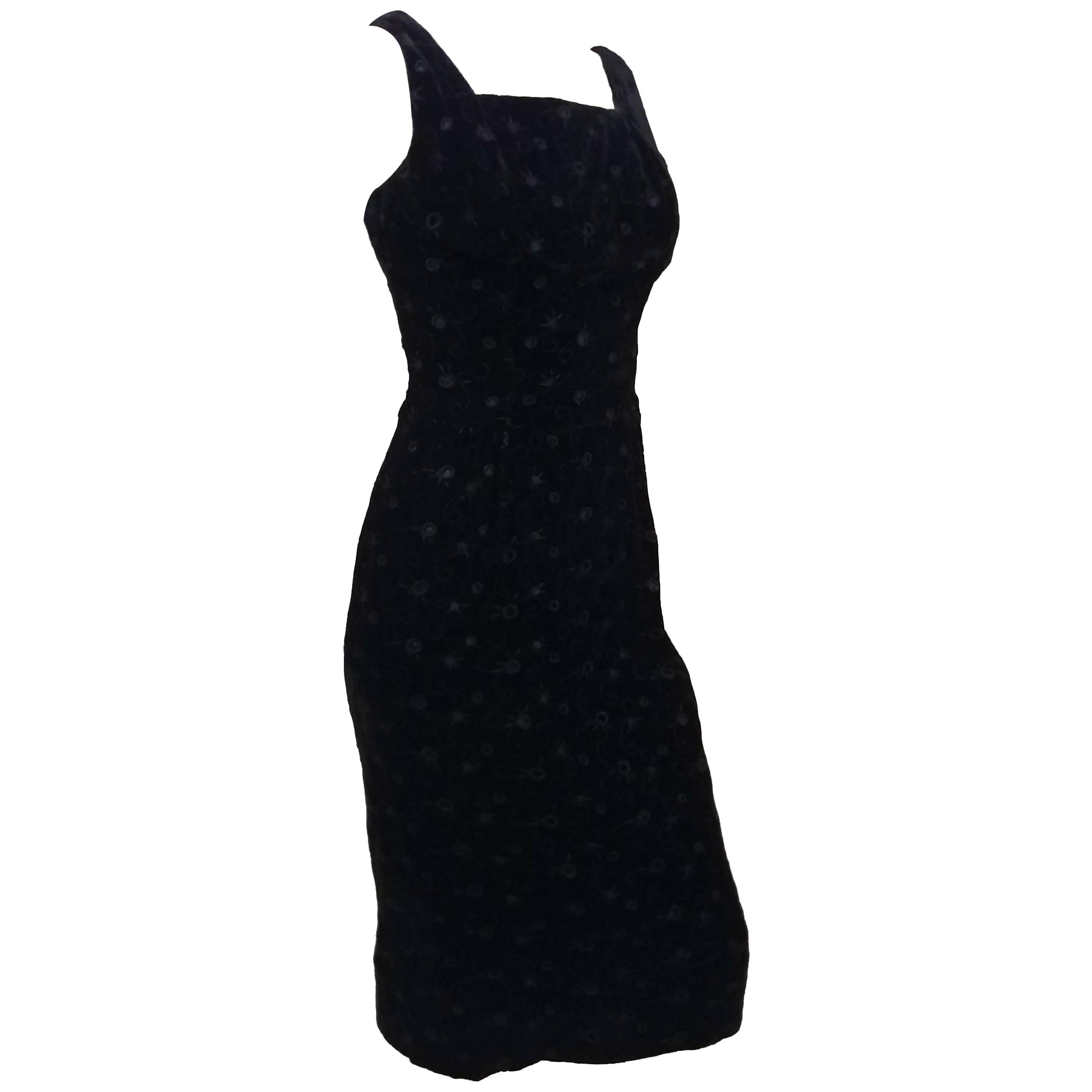 Black Velvet Eyelet Cocktail Dress, 1950s  For Sale