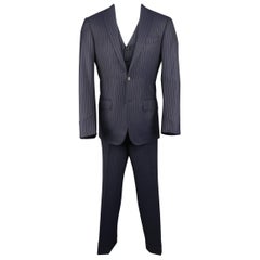 Used Men's ERMENEGILDO ZEGNA Suit - 40 Regular Navy Wool Pinstripe 3 Piece Suit