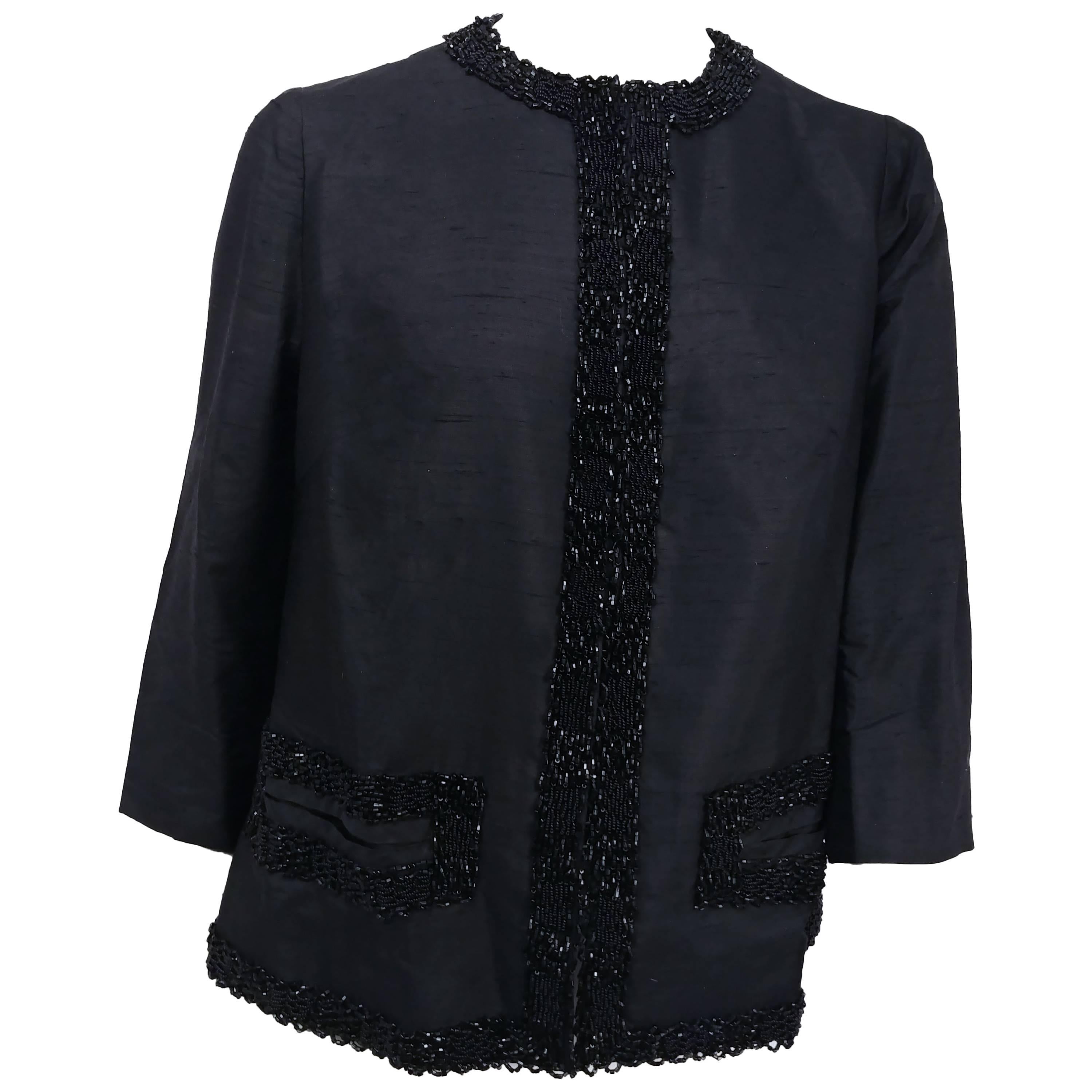 Shantung Black Beaded Evening Jacket, 1960s  For Sale