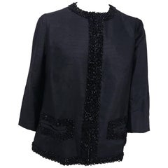 Vintage Shantung Black Beaded Evening Jacket, 1960s 