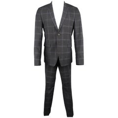 Men's PAUL SMITH 40 Regular Charcoal & Blue Window Pane Print Wool 2 Piece Suit