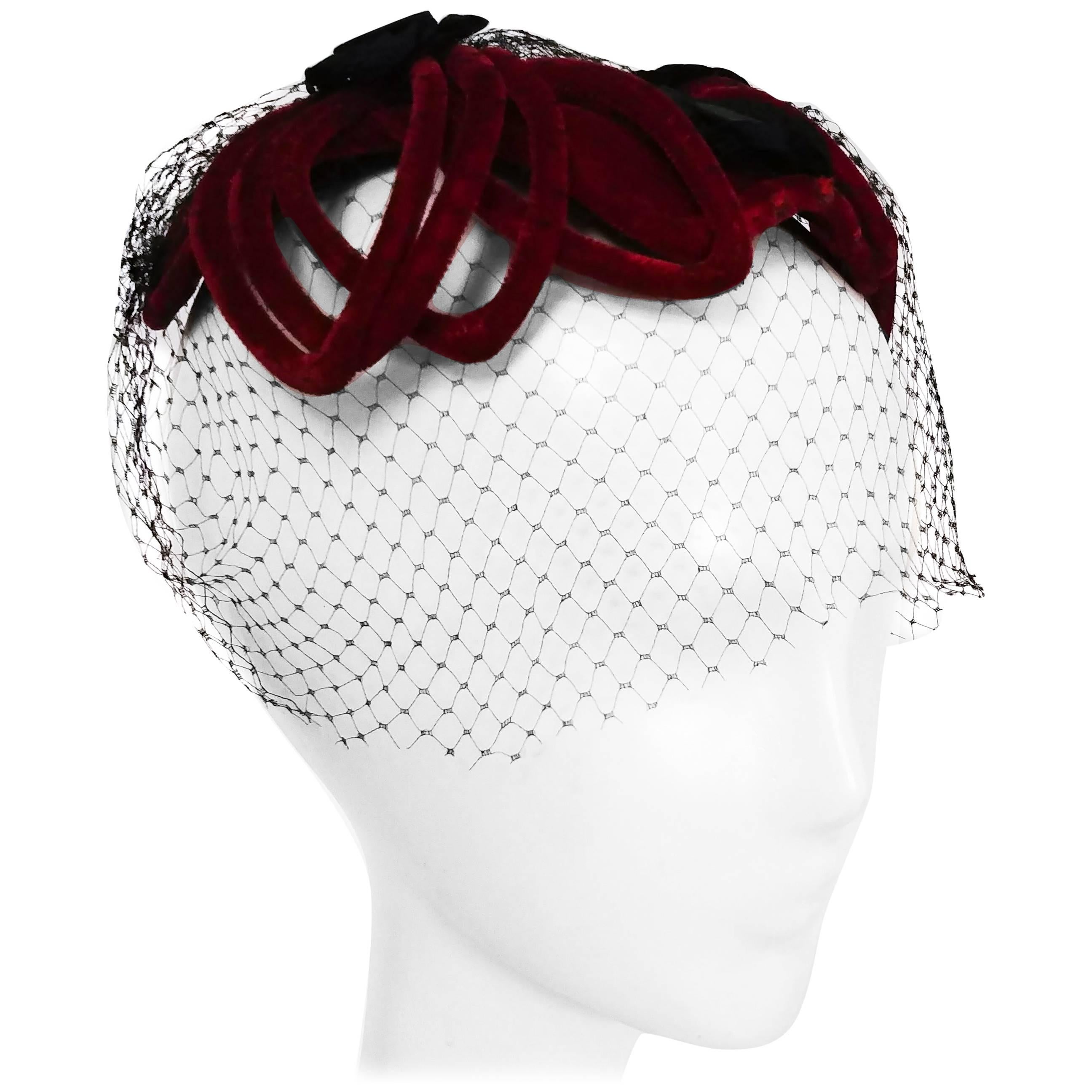 1950s Red Velvet Cocktail Hat w/ Veil