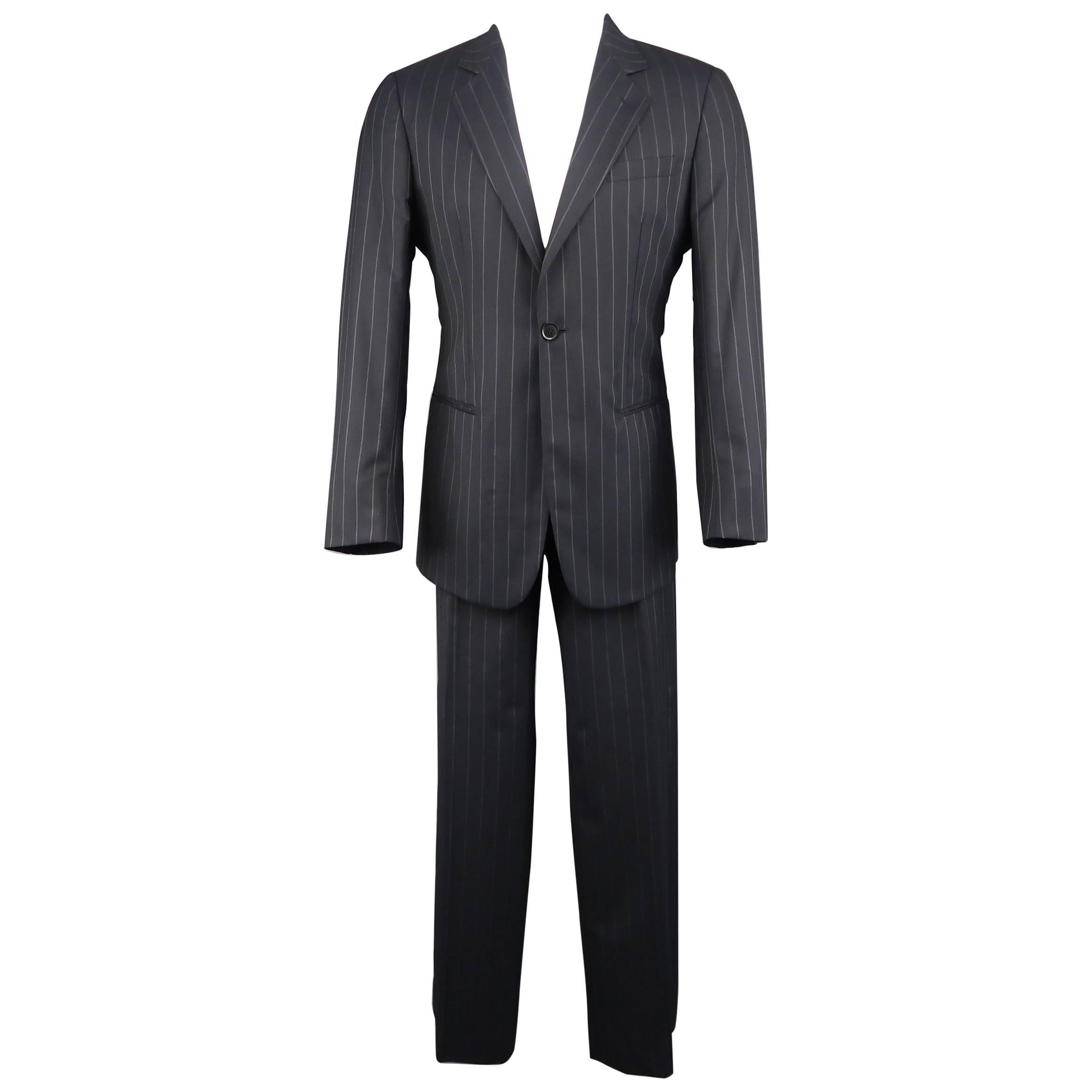 Men's GIORGIO ARMANI 40 Regular Navy Stripe Wool Single Button Notch Lapel Suit