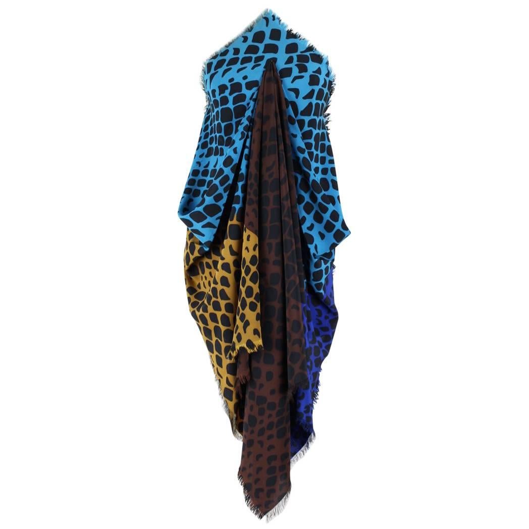 Yves Saint Laurent YSL Large Spotted Blue Brown Curry Silk Scarf / Wrap, 1980s 