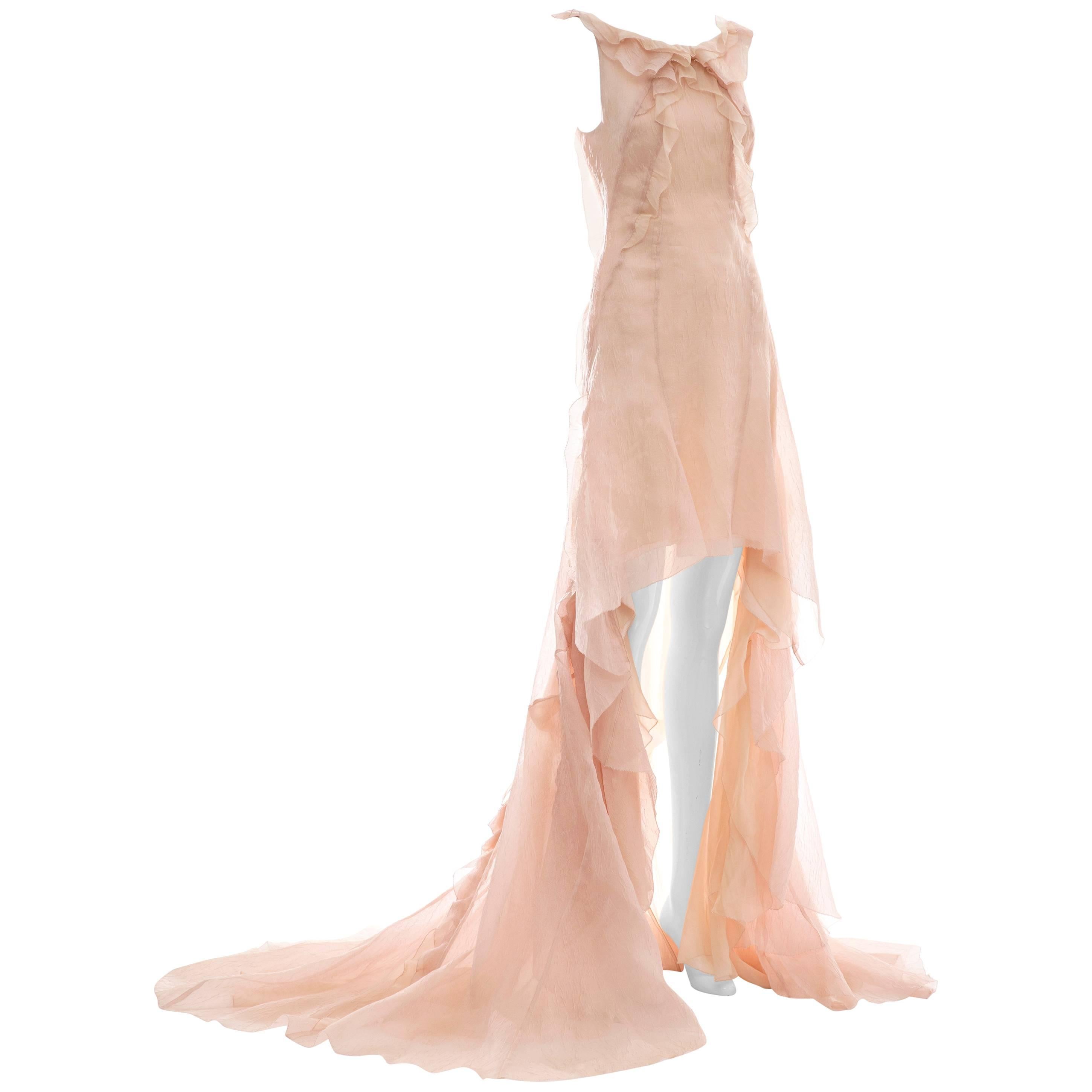 Olivier Theyskens for Nina Ricci, Spring-Summer 2009 blush silk nylon sleeveless evening dress with bateau neckline, ruffled accent throughout, high-low hemline featuring picot edges, open back with hook-and-eye closures and concealed zip closure at