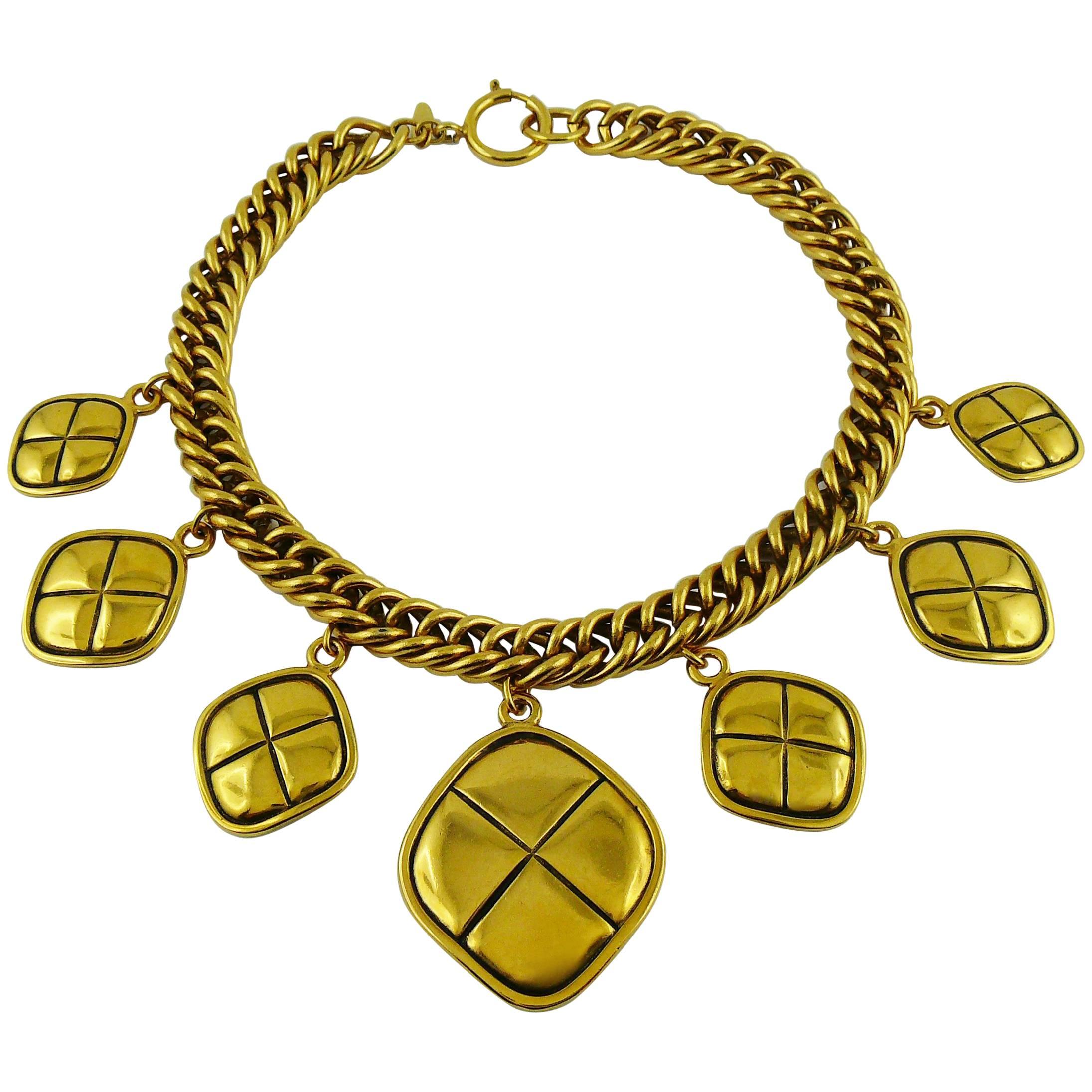 Chanel Vintage Gold Toned Quilted Charm Choker Necklace