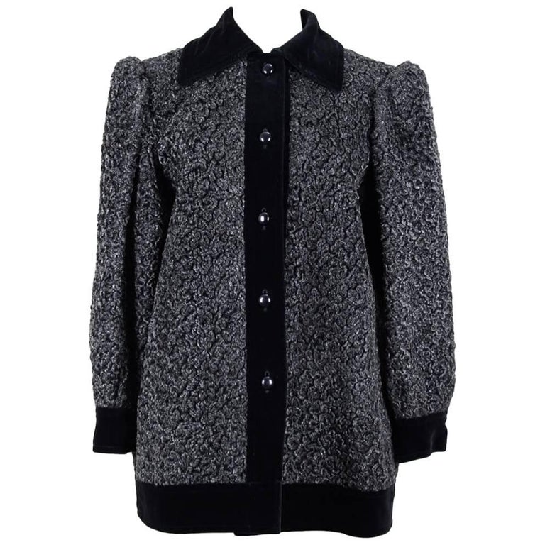 Yves Saint Laurent YSL Grey Faux Astrakhan Fur and Black Velvet Jacket