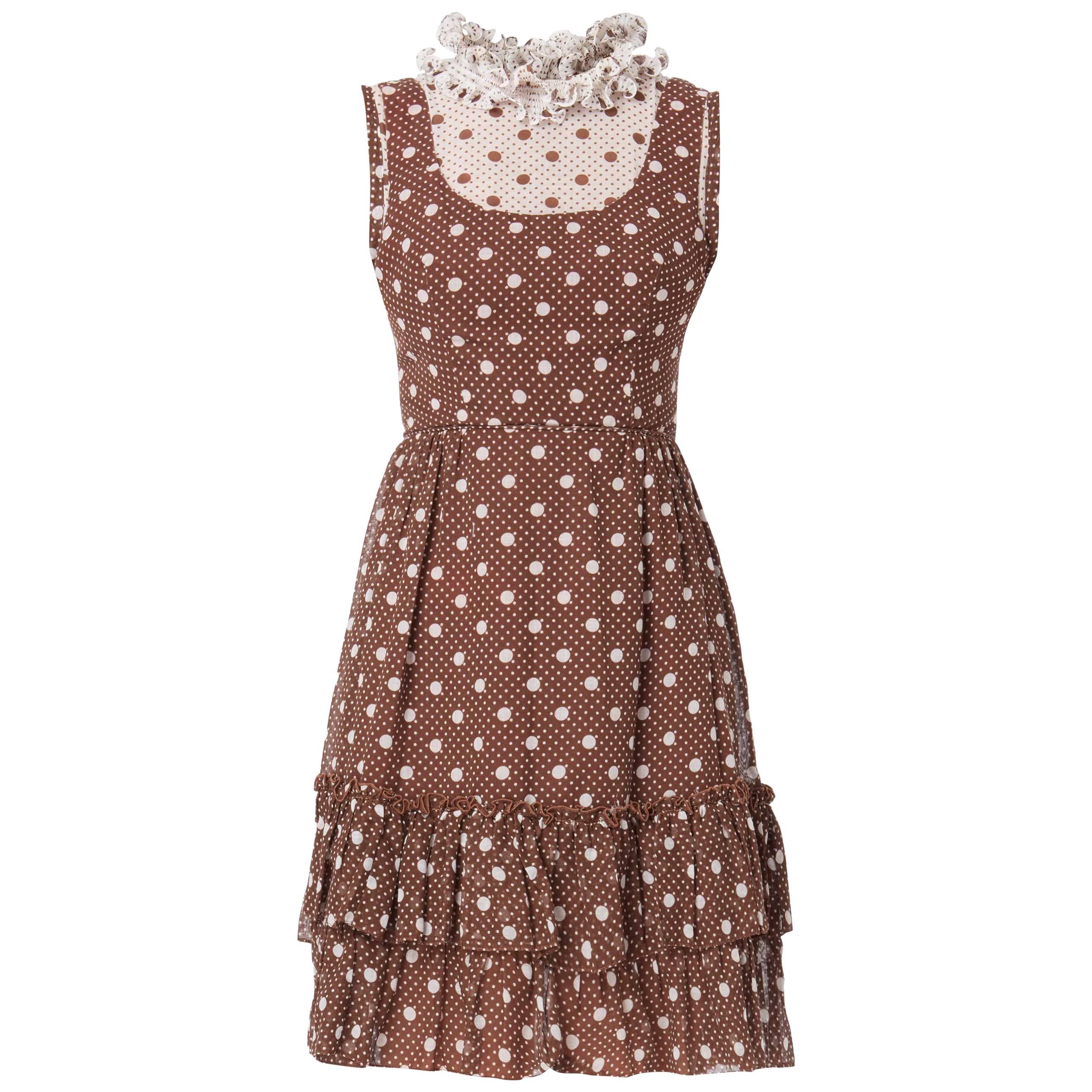 Brown & white polka dot sleeveless dress, circa 1968 For Sale