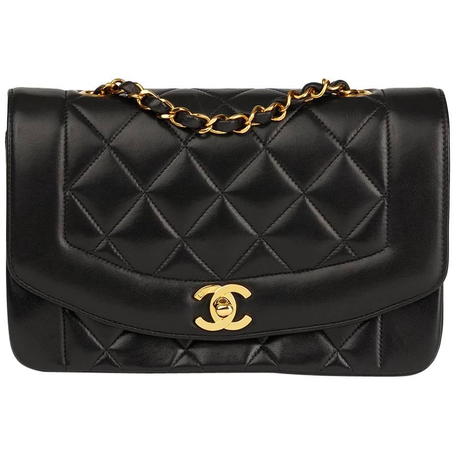 Chanel Black Quilted Lambskin Vintage Small Diana Classic Single Flap Bag 