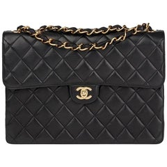 Vintage Chanel Black Quilted Lambskin Jumbo Classic Single Flap Bag 
