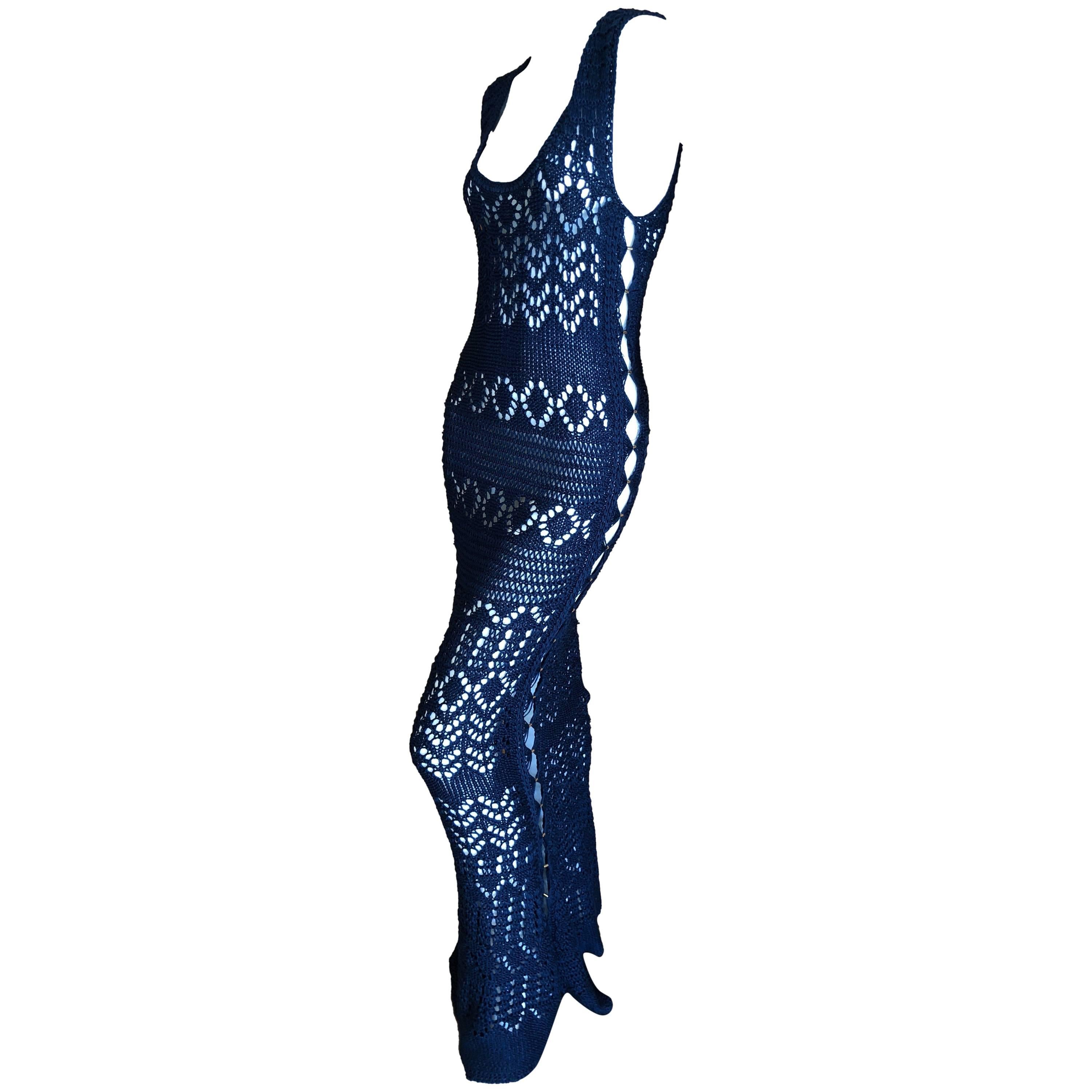 Emilio Pucci Navy Blue Crochet Knit Evening Dress For Sale