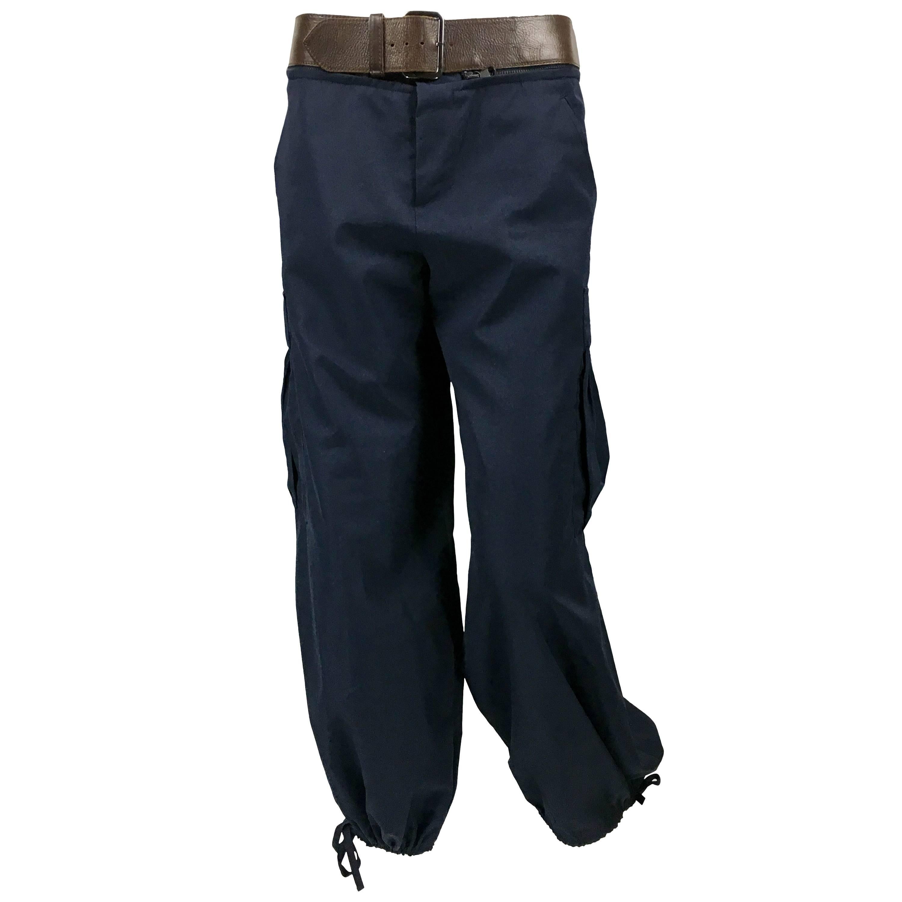 Jean Paul Gaultier Navy Blue Nylon Cargo Pants With Detachable Belt, 1990s  For Sale