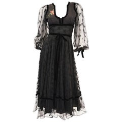 1970s Thea Porter Couture Black Lace Dress w/ Hand Painted Flowers