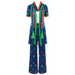 Vintage SANT'ANGELO c.1970's 3 Pc Multicolor X Pattern Knit Cardigan Scarf Pant Suit Set