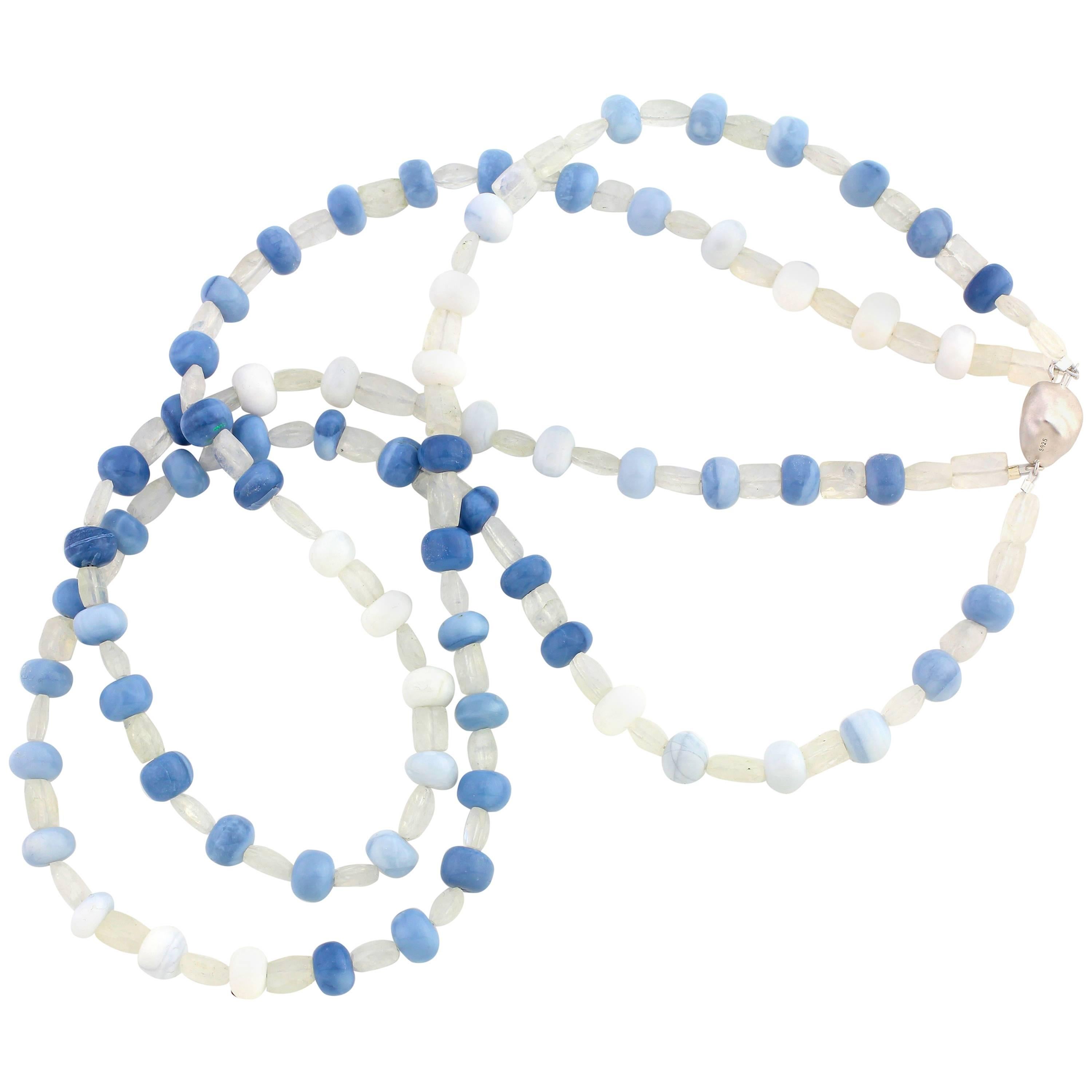 AJD, rare collier bleu 21 pouces à double rang d'opales du Pérou et de pierres de lune  