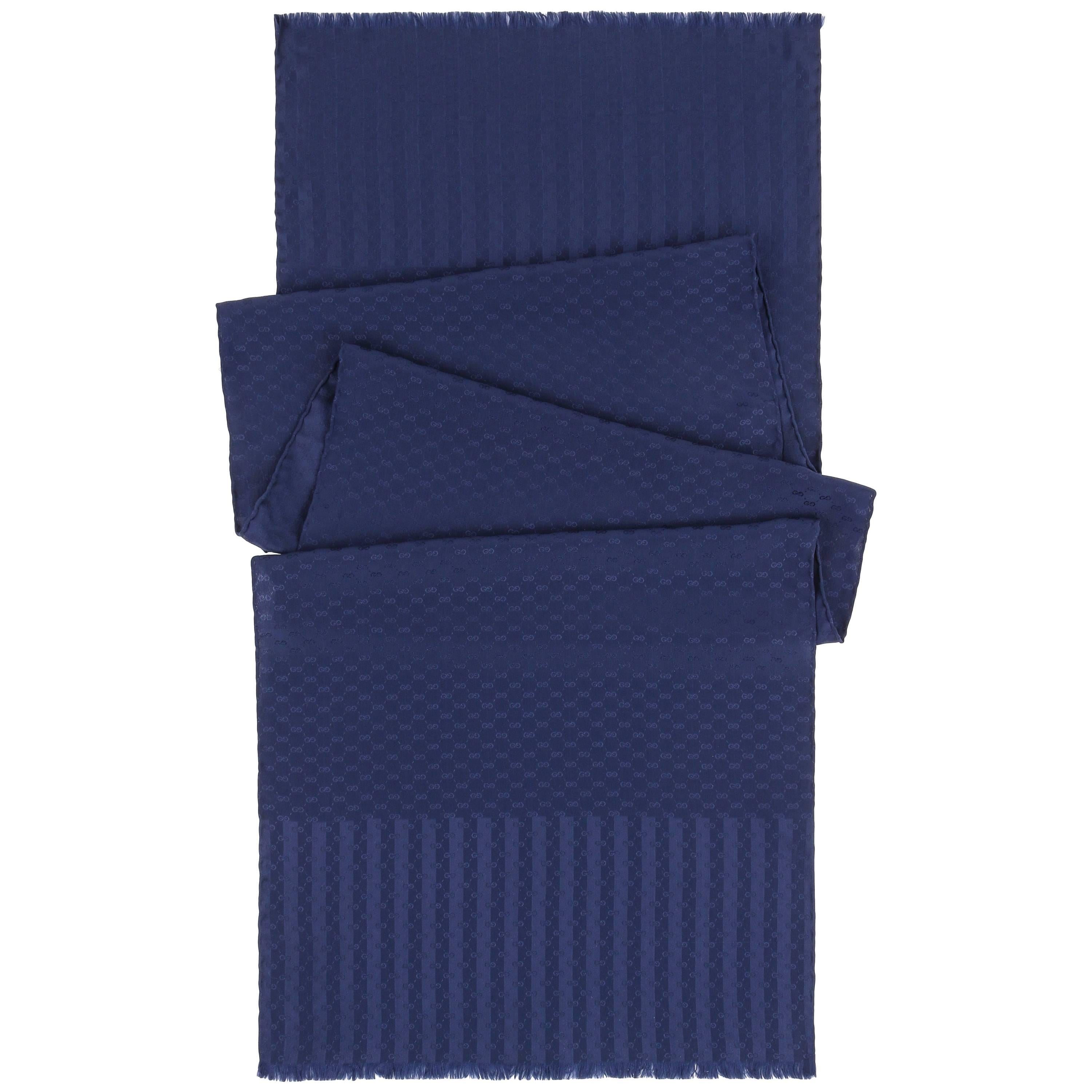 GUCCI c.1970's Navy Blue GG Guccissima Monogram Silk Oblong Fringe Wrap Scarf