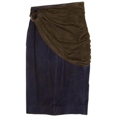 Vintage 1990s Alaia Indigo and Brown Suede Sarong Wrap Skirt
