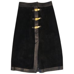 Vintage 1970s Gucci Black Leather and Suede Buckle Skirt