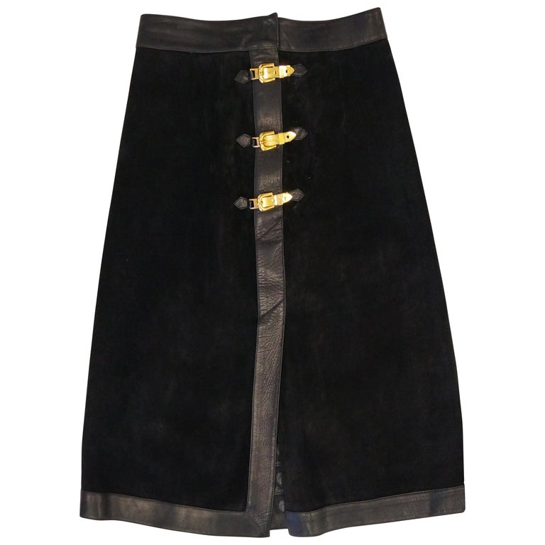 1970s Gucci Black Leather and Suede Buckle Skirt at 1stDibs