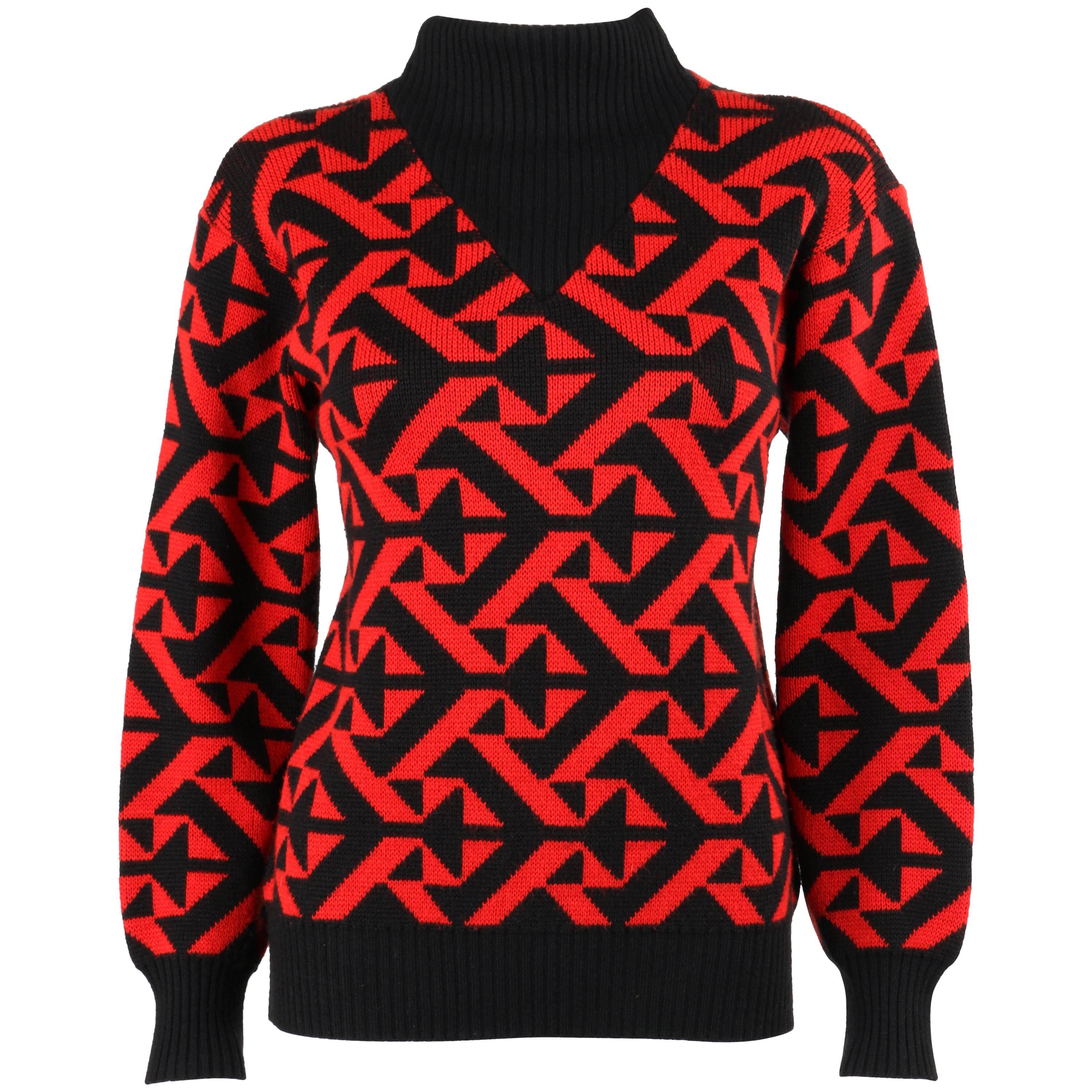 COURREGES c.1980's Red & Black Geometric Op Art Wool Knit Mock Neck Sweater