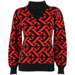 Vintage COURREGES c.1980's Red & Black Geometric Op Art Wool Knit Mock Neck Sweater