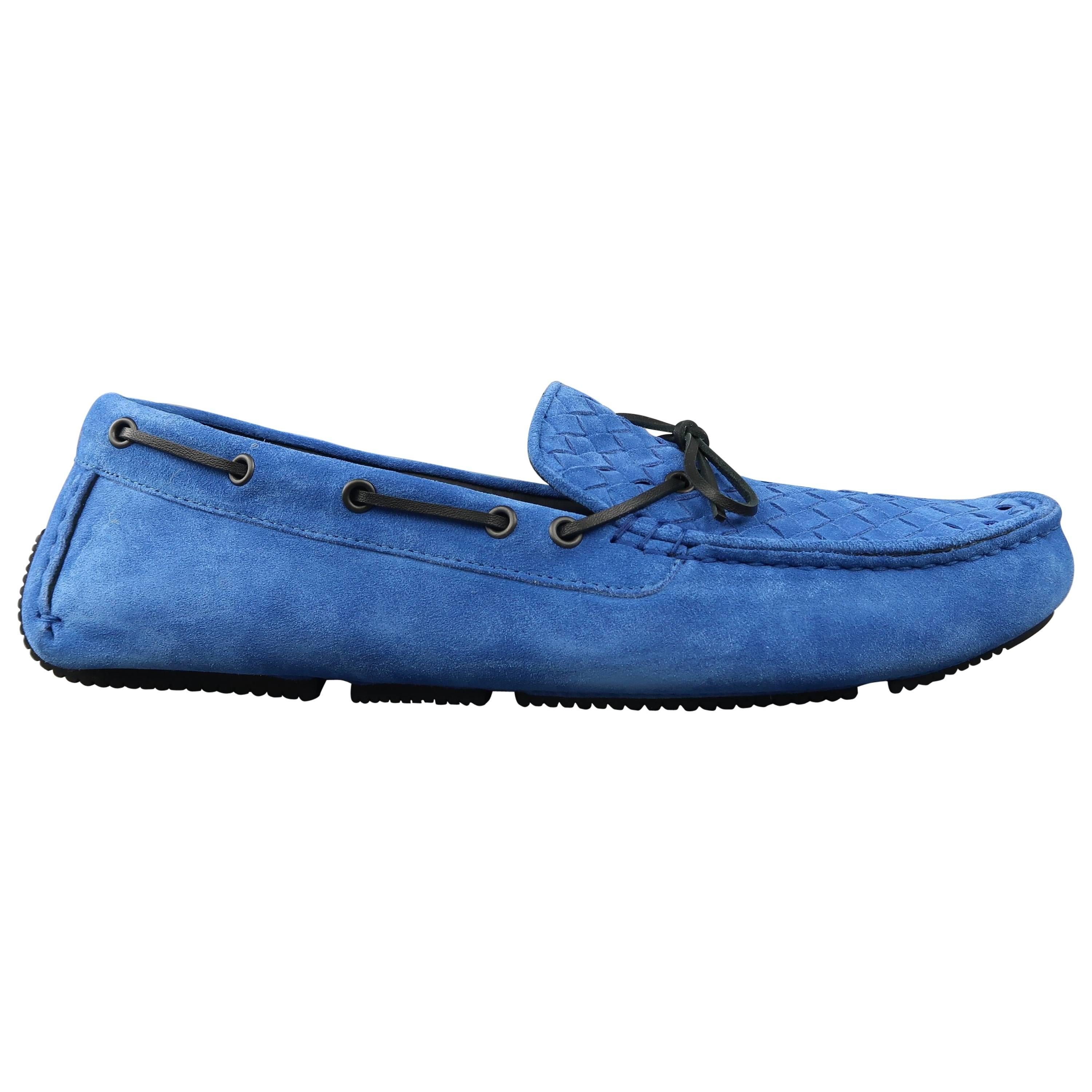 Men's BOTTEGA VENETA Size 14 Royal Blue Woven Intrecciato Suede Driver Loafers