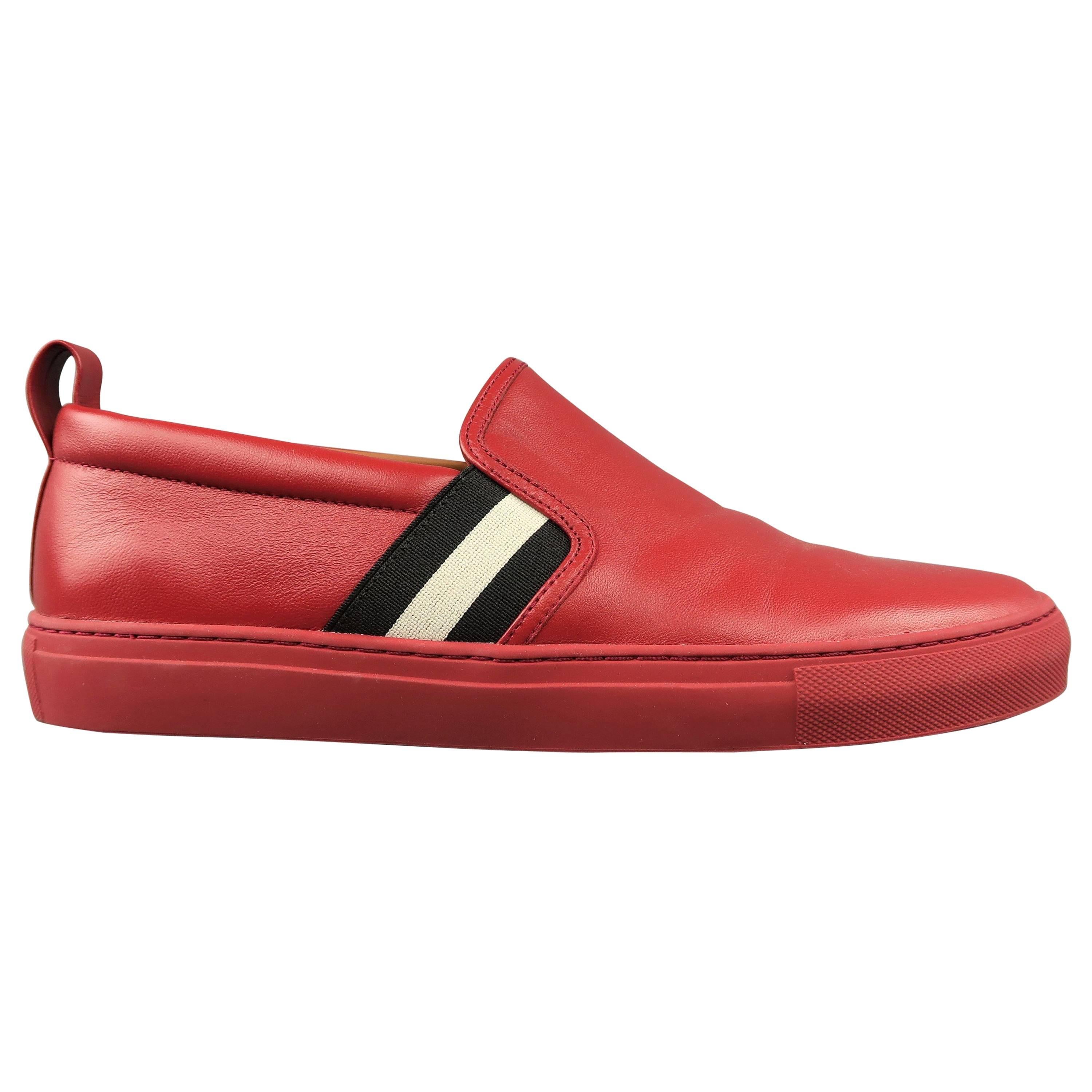 Men's BALLY Size 11.5 Red Leather Black & White Stripe HERALD Slip On Sneakers