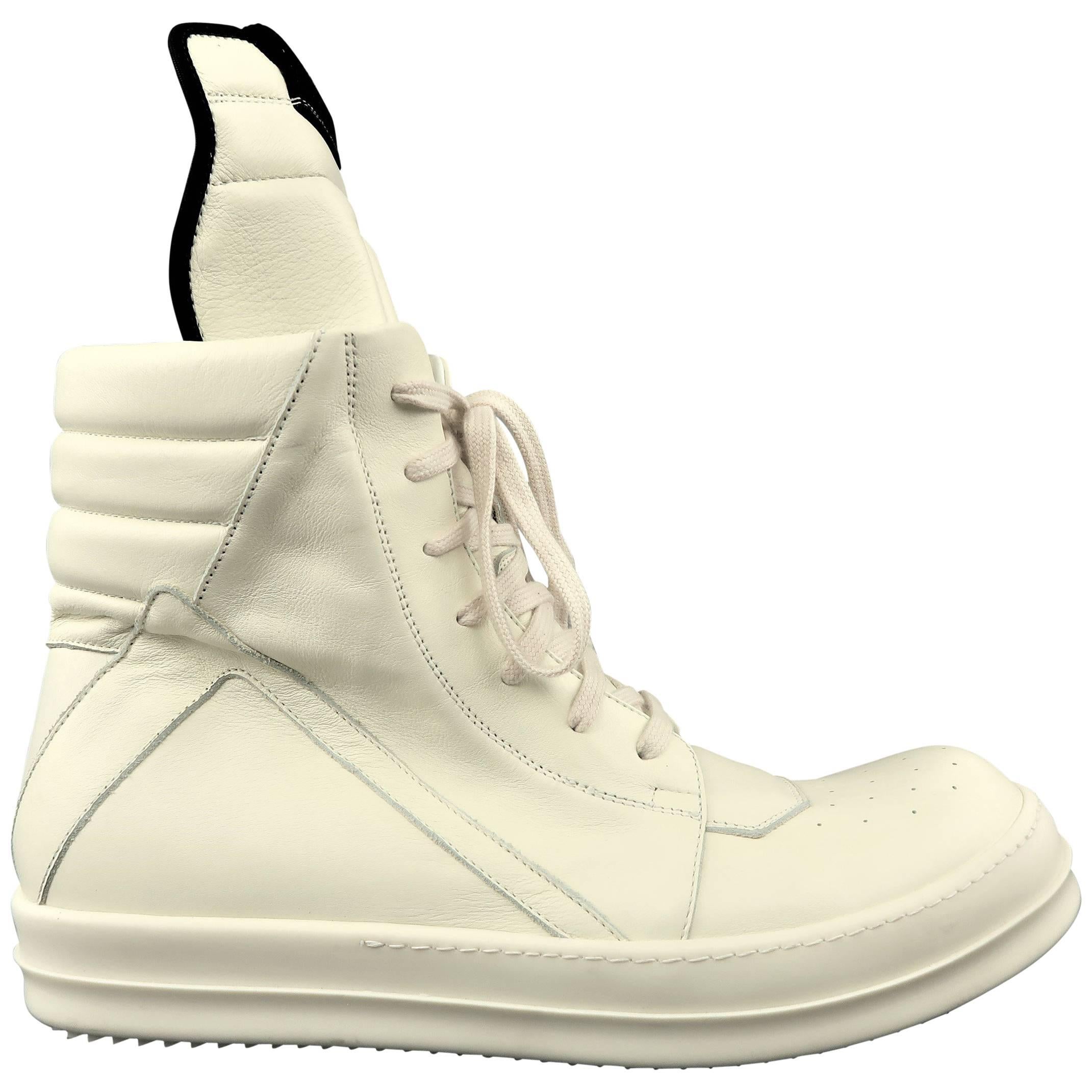 Men's RICK OWENS Size 12 Cream Leather 'Geobasket High' High Top Sneakers