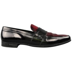 Men's PRADA Size 12 Black & Burgundy Two Toned Leather Penny Loafers