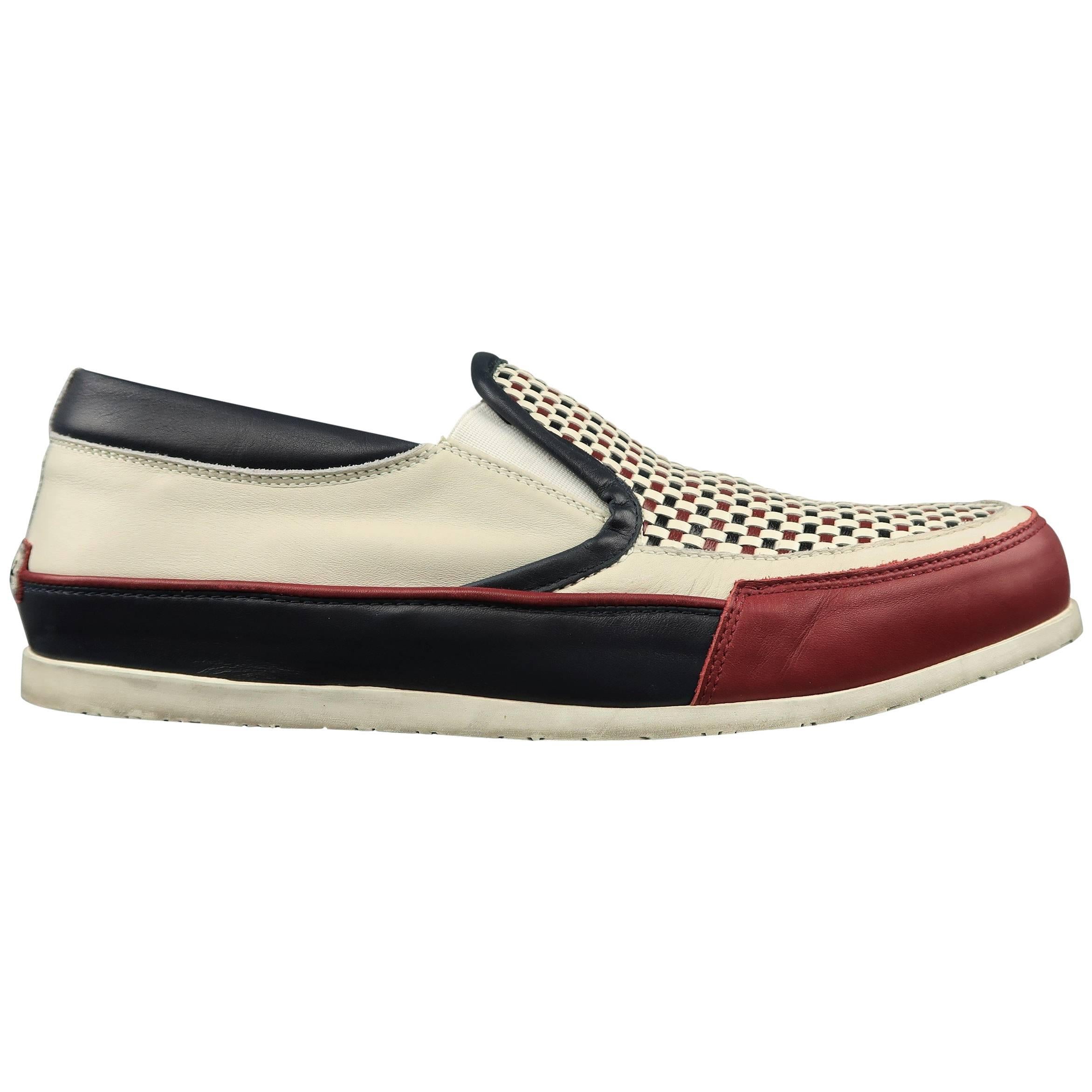Men's DSQUARED2 Size 12 Red White & Blue Woven Leather Slip On Sneakers