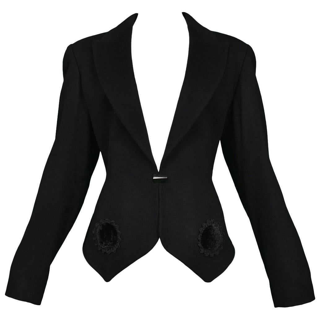 Vintage Alaia Black Fitted Wool Blazer with Velvet Applique NWOT 1991 For Sale