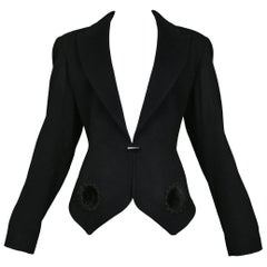 Vintage Alaia Black Fitted Wool Blazer with Velvet Applique NWOT 1991