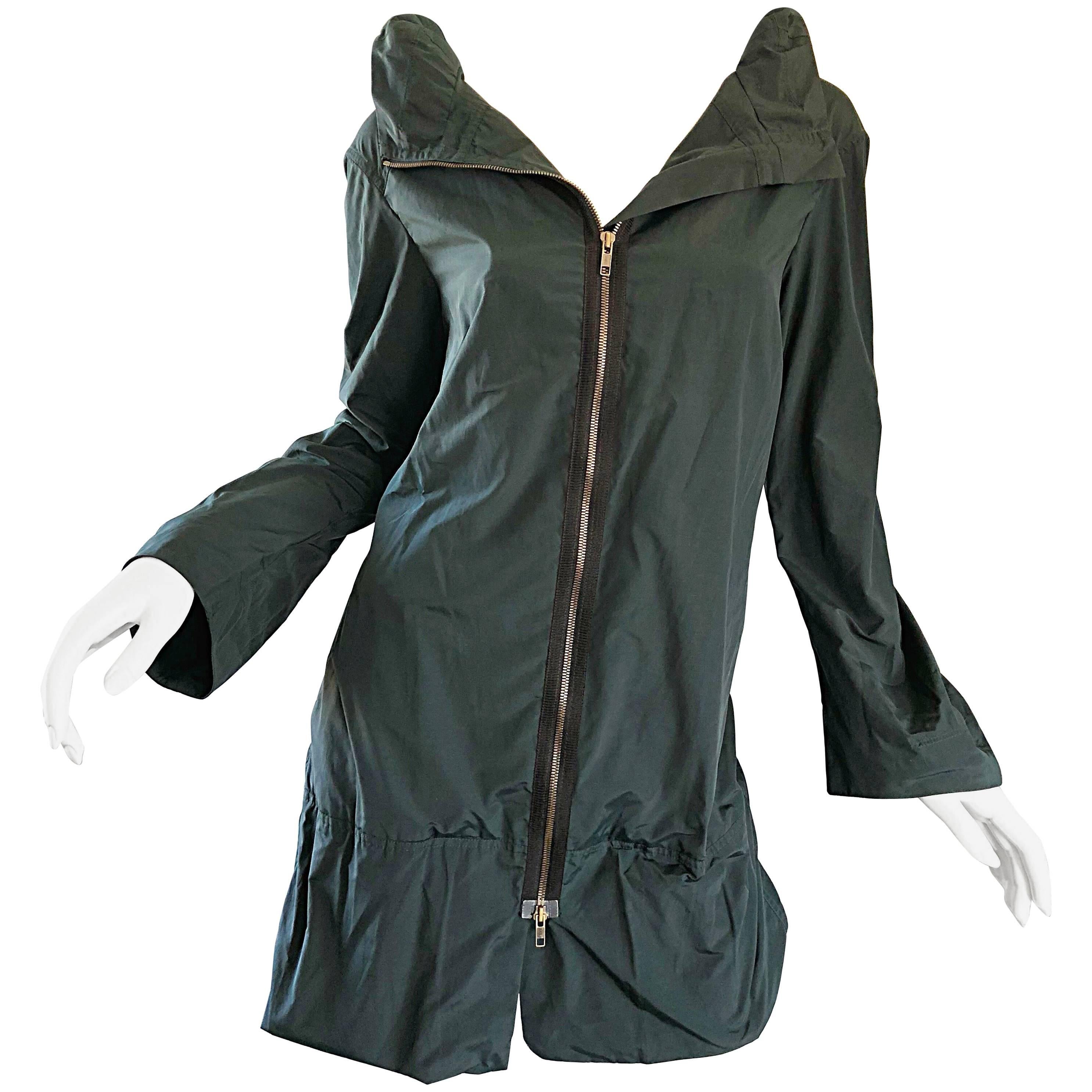 Y2K Marni Size 40 Dark Green Nylon Cotton Trench Parka Rain Jacket Coat For Sale