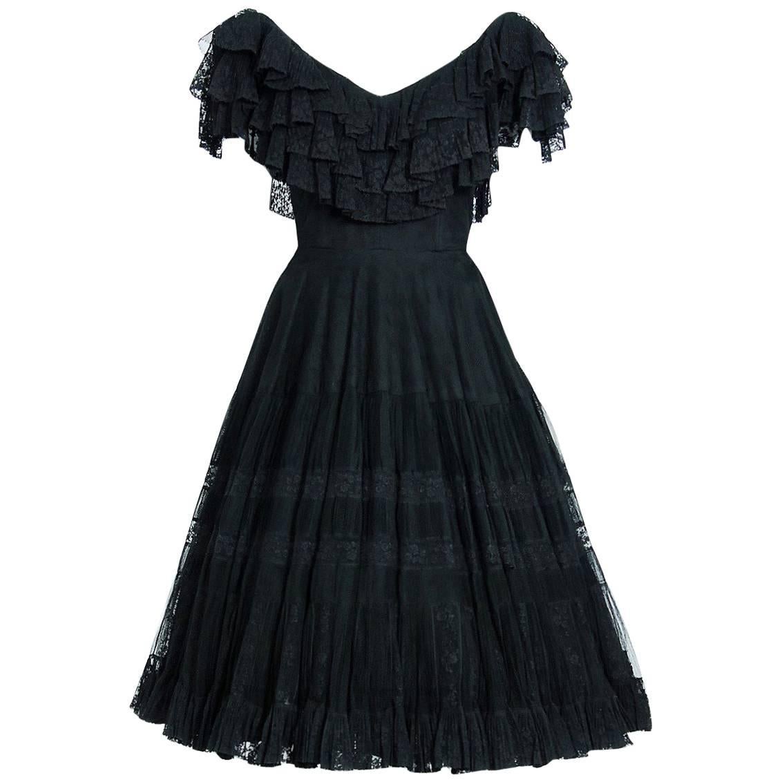 1955 Jacques Fath Haute-Couture Black Tiered Ruffle Lace Full Pleated Dress 
